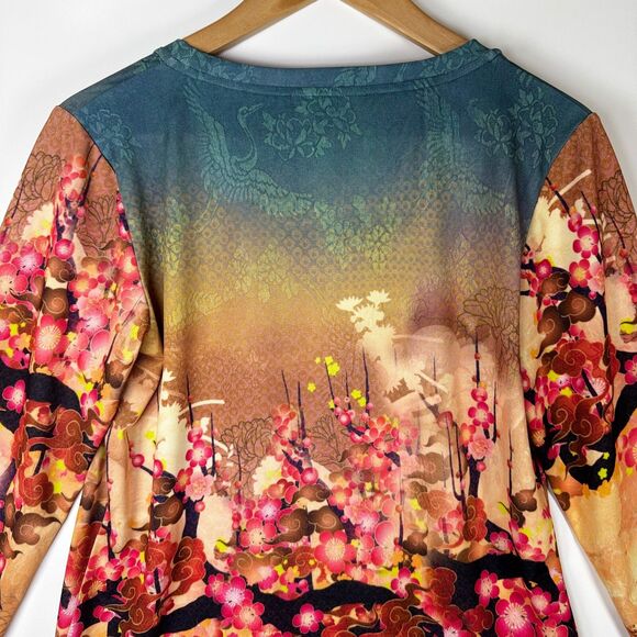 CItron Santa Monica Top Medium Pink Coral Tan Floral Blossom Art Print Stretch - Picture 4 of 13